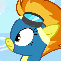 Size: 398x398 | Tagged: safe, derpibooru import, screencap, spitfire, pony, parental glideance, :s, animated, awkward, blinking, clothes, confused, cropped, cute, cutefire, floppy ears, gif, goggles, juxtaposition bait, reaction image, solo, uniform, wavy mouth, wonderbolts uniform