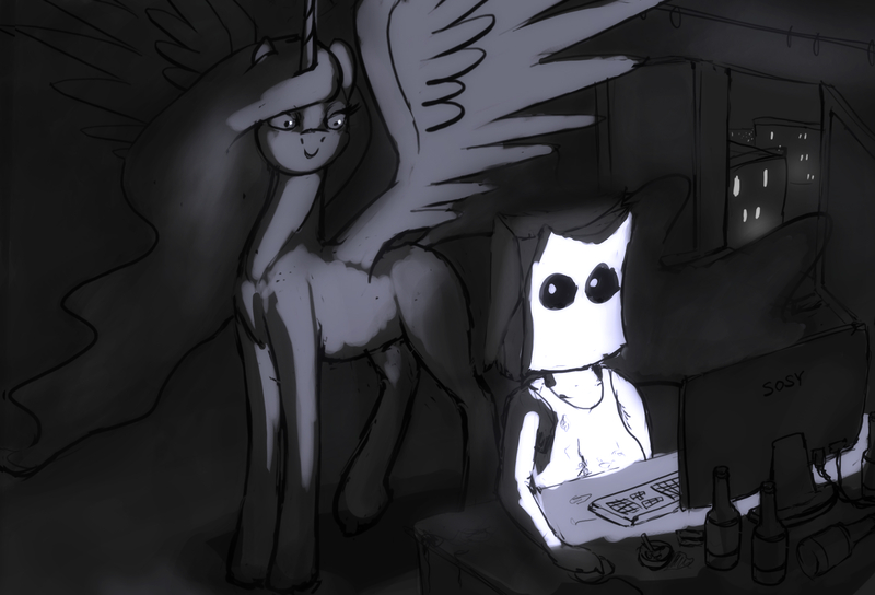 Size: 2034x1383 | Tagged: suggestive, artist:eqamrd, derpibooru import, princess celestia, oc, oc:anon, alicorn, pony, princess molestia, armpit hair, ashtray, beer belly, beer bottle, clothes, computer mouse, flatscreen, keyboard, large wings, lights out, night, open window, paper bag, room, sketch, smiling, spread wings, tanktop, wings