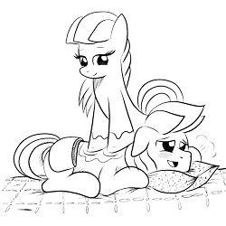 Size: 1000x1000 | Tagged: safe, artist:truffle shine, derpibooru import, oc, oc:cordyceps sparkle, oc:truffle shine, unofficial characters only, earth pony, pony, blushing, duo, female, lineart, male, mare, massage, monochrome, pillow, pleasure, rule 63, sheet, simple background, sketch, stallion, transparent background, truffle shine's sketch series