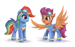 Size: 1500x947 | Tagged: safe, artist:egn, derpibooru import, rainbow dash, scootaloo, pony, atg 2017, clothes, duo, equestria daily exclusive, goggles, newbie artist training grounds, scootaloo can fly, scootalove, simple background, spread wings, uniform, white background, wings, wonderbolt scootaloo, wonderbolts, wonderbolts uniform