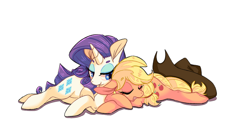 Size: 1700x1000 | Tagged: safe, artist:phyllismi, derpibooru import, applejack, rarity, earth pony, pony, unicorn, cowboy hat, cuddling, female, hat, lesbian, mare, prone, rarijack, shipping, simple background, sleeping, smiling, stetson