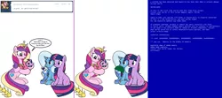 Size: 1808x800 | Tagged: safe, artist:dekomaru, derpibooru import, princess cadance, trixie, twilight sparkle, oc, oc:aurora, oc:nebula, pony, tumblr:ask twixie, ask, baby, baby pony, blue screen of death, boop, colt, female, filly, helmet, lesbian, magical lesbian spawn, male, offspring, parent:trixie, parent:twilight sparkle, parents:twixie, shipping, sitting, tumblr, twixie