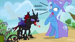 Size: 1192x684 | Tagged: safe, derpibooru import, edit, edited screencap, screencap, pharynx, trixie, changeling, pony, unicorn, to change a changeling, background pony strikes again, blergh, hissing, vulgar