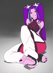 Size: 2515x3469 | Tagged: artist needed, suggestive, derpibooru import, aria blaze, equestria girls, rainbow rocks, barefoot, breasts, busty aria blaze, clothes, cosplay, costume, feet, female, fetish, foot fetish, gradient background, juri han, nail polish, sitting, smiling, solo, solo female, street fighter