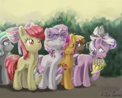 Size: 945x762 | Tagged: safe, artist:sapraitlond, derpibooru import, apple bloom, button mash, diamond tiara, scootaloo, sweetie belle, earth pony, pegasus, pony, unicorn, blushing, bouquet, bow, colt, cutie mark crusaders, drool, eyes closed, female, filly, flower, hair bow, male