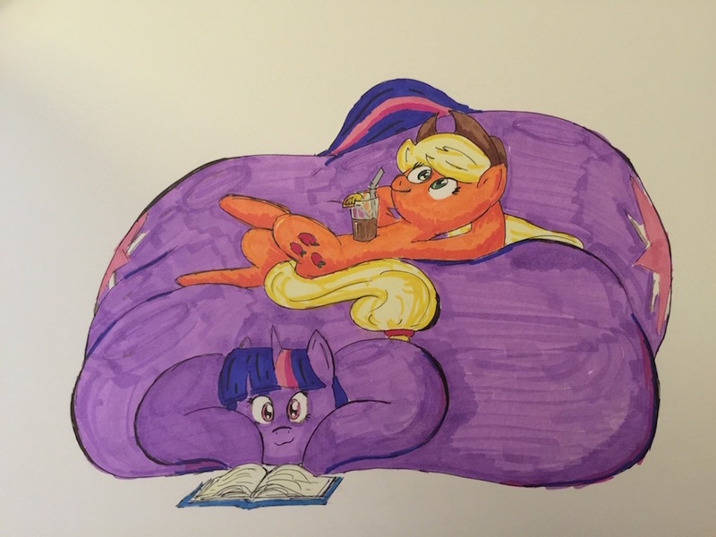 Size: 1440x1080 | Tagged: questionable, artist:nanoblade, derpibooru import, applejack, twilight sparkle, pony, belly, belly bed, blob, book, fat, immobile, impossibly large belly, lying on top of someone, morbidly obese, obese, simple background, traditional art, twilard sparkle