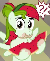 Size: 4000x4864 | Tagged: safe, artist:sollace, derpibooru import, oc, oc:watermelana, unofficial characters only, pony, cute, eating, food, freckles, looking at you, scrunchy face, solo, watermelon