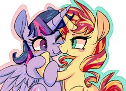 Size: 900x650 | Tagged: safe, artist:phyllismi, derpibooru import, sunset shimmer, twilight sparkle, twilight sparkle (alicorn), alicorn, pony, unicorn, blushing, boop, cute, female, lesbian, looking at each other, mare, noseboop, one eye closed, shimmerbetes, shipping, sunsetsparkle, twiabetes