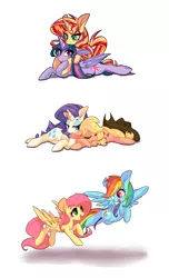 Size: 2100x3444 | Tagged: safe, artist:phyllismi, derpibooru import, applejack, fluttershy, rainbow dash, rarity, sunset shimmer, twilight sparkle, twilight sparkle (alicorn), alicorn, earth pony, pegasus, pony, unicorn, cowboy hat, cuddling, female, flutterdash, flying, hat, lesbian, looking at each other, rarijack, shipping, simple background, sleeping, stetson, sunsetsparkle