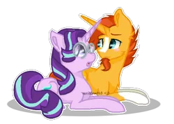 Size: 692x494 | Tagged: safe, artist:written145, derpibooru import, starlight glimmer, sunburst, pony, unicorn, :o, accessory swap, blushing, cute, eye contact, facial hair, female, glasses, goatee, looking at each other, male, mare, open mouth, prone, shipping, simple background, smiling, stallion, starburst, straight, transparent background