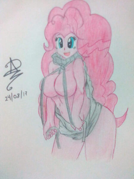 Size: 1536x2048 | Tagged: questionable, artist:12alvaro, derpibooru import, pinkie pie, equestria girls, backless, breasts, busty pinkie pie, clothes, fanart, female, long hair, open mouth, open-back sweater, sleeveless sweater, smiling, solo, solo female, sweater, virgin killer sweater, wardrobe misuse