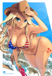 Size: 968x1406 | Tagged: suggestive, artist:chigusa, derpibooru import, applejack, human, equestria girls, abs, american flag, american flag bikini, amerijack, applebucking thighs, applebutt, applejack's hat, armpits, ass, beach, belly button, big breasts, bikini, breasts, busty applejack, butt, cleavage, clothes, cowboy hat, curvy, cutie mark, cutie mark on equestria girl, female, flag bikini, hat, humanized, large butt, looking at you, muscles, sandals, smiling, solo, solo female, stetson, stupid sexy applejack, swimsuit, the ass was fat, thunder thighs, water, wide hips