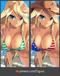 Size: 968x1230 | Tagged: suggestive, alternate version, artist:chigusa, derpibooru import, applejack, equestria girls, armpits, beach, big breasts, bikini, breasts, busty applejack, clothes, cowboy hat, cutie mark, cutie mark on equestria girl, female, hat, looking at you, patreon, patreon logo, pony coloring, smiling, solo, solo female, stetson, swimsuit, water