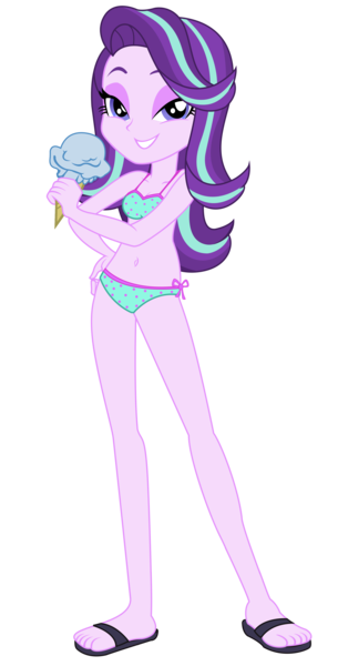 Size: 2551x4879 | Tagged: suggestive, artist:remcmaximus, derpibooru import, starlight glimmer, equestria girls, mirror magic, spoiler:eqg specials, bedroom eyes, belly button, bicolor swimsuit, bikini, breasts, clothes, cute, feet, female, food, glimmerbetes, green swimsuit, ice cream, lidded eyes, looking at you, polka dot swimsuit, sandals, side-tie bikini, simple background, smiling, solo, solo female, string bikini, swimsuit, transparent background, underwear, vector