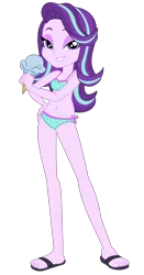 Size: 2551x4879 | Tagged: suggestive, artist:remcmaximus, derpibooru import, starlight glimmer, equestria girls, mirror magic, spoiler:eqg specials, bedroom eyes, belly button, bicolor swimsuit, bikini, breasts, clothes, cute, feet, female, food, glimmerbetes, green swimsuit, ice cream, lidded eyes, looking at you, polka dot swimsuit, sandals, side-tie bikini, simple background, smiling, solo, solo female, string bikini, swimsuit, transparent background, underwear, vector