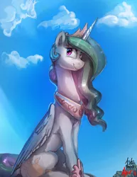 Size: 2000x2596 | Tagged: safe, artist:alumx, artist:anticular, derpibooru import, princess celestia, alicorn, pony, cloud, collaboration, crown, female, jewelry, mare, regalia, sitting, sky, smiling, solo, wrinkle