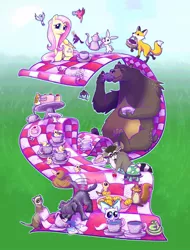 Size: 812x1068 | Tagged: safe, artist:drknz13, derpibooru import, angel bunny, fluttershy, fuzzy legs, harry, mitsy, rupert, tank, bear, bird, chipmunk, dog, duck, ferret, fox, mouse, pegasus, pony, raccoon, rat, snake, squirrel, tortoise, cake, cookie, cup, dishes, drinking, duckling, eating, female, flower, flower in hair, folded wings, food, kitten, male, mare, picnic, picnic blanket, sitting, tea, tea party, teacup, teapot