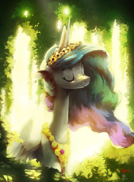 Size: 2722x3696 | Tagged: safe, artist:alumx, artist:anticular, derpibooru import, princess celestia, alicorn, pony, backlighting, collaboration, cute, cutelestia, eyes closed, female, floral head wreath, flower, high res, long neck, mare, smiling, solo, tree