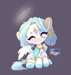 Size: 2200x2300 | Tagged: safe, artist:feekteev, derpibooru import, oc, unofficial characters only, pegasus, pony, clothes, cute, eyes closed, female, filly, halo, happy, sitting, smiling, solo