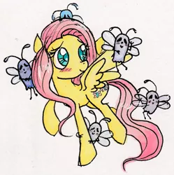 Size: 789x792 | Tagged: safe, artist:numberlessneedle, derpibooru import, fluttershy, pony, blushing, head turn, looking at something, raised hoof, simple background, solo, spread wings, traditional art, undertale, whimsun, white background, wings