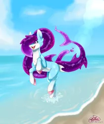 Size: 2600x3100 | Tagged: safe, artist:pinktabico, derpibooru import, oc, unofficial characters only, goo pony, original species, pony, shark pony, cute, female, mare, open mouth, sky, smiling, solo, water