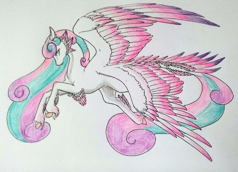 Size: 1024x740 | Tagged: safe, artist:oneiria-fylakas, derpibooru import, princess flurry heart, alicorn, original species, pony, seraph, seraphicorn, colored wings, flying, multicolored wings, multiple wings, older, solo, species swap, traditional art, unshorn fetlocks