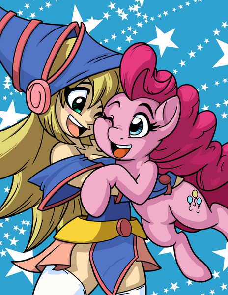 Size: 2550x3300 | Tagged: safe, artist:latecustomer, derpibooru import, pinkie pie, earth pony, pony, commission, crossover, cute, dark magician girl, diapinkes, female, hug, mare, one eye closed, smiling, yu-gi-oh!