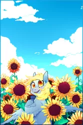 Size: 2058x3102 | Tagged: safe, artist:foxda, derpibooru import, derpy hooves, pegasus, pony, colored pupils, female, flower, happy, looking up, mare, sky, smiling, solo, sunflower