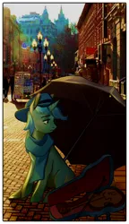 Size: 2040x3534 | Tagged: safe, artist:exclusionzone, artist:foxda, derpibooru import, lyra heartstrings, pony, unicorn, city, clothes, collaboration, fiddle, hat, irl, moscow, photo, ponies in real life, russia, sad, scarf, sitting, solo, umbrella