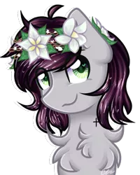 Size: 692x867 | Tagged: safe, artist:sketchyhowl, derpibooru import, oc, oc:garfunkel plum lilly, unofficial characters only, pony, bust, chest fluff, cross, eye clipping through hair, female, floral head wreath, flower, heart eyes, mare, portrait, signature, simple background, solo, transparent background, wingding eyes