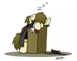 Size: 1916x1527 | Tagged: safe, artist:bobthedalek, derpibooru import, oc, oc:kettle master, unofficial characters only, earth pony, pony, clothes, diploma, graduation, graduation cap, hat, lectern, simple background, sleeping, solo, suit, white background, zzz