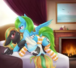 Size: 2214x1990 | Tagged: suggestive, alternate version, artist:doekitty, derpibooru import, oc, oc:aura specs, oc:hibiki blackwing, unofficial characters only, pegasus, pony, bed, blushing, both cutie marks, candle, clothes, dock, female, fireplace, frilly underwear, imminent sex, lesbian, mare, oc x oc, on back, painting, panties, sex, shipping, socks, striped socks, striped underwear, tribadism, underwear