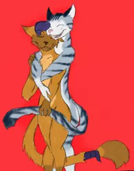 Size: 1666x2140 | Tagged: anthro, artist:wesleyfoxx, capper dapperpaws, chapper, chummer, derpibooru import, eyes closed, from behind, furry, gay, hug, male, my little pony: the movie, shipping, smiling, strategically covered, suggestive