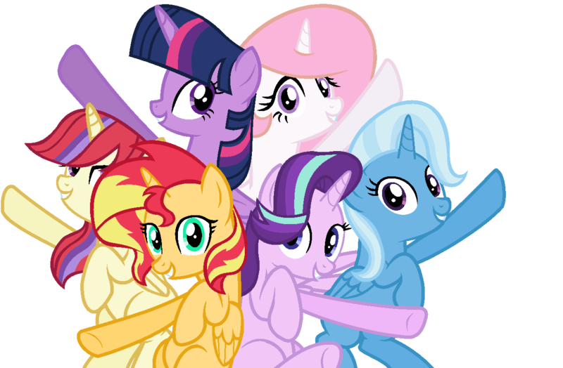 Size: 1332x872 | Tagged: safe, artist:sunsetshimmer1987, derpibooru import, moondancer, princess celestia, starlight glimmer, sunset shimmer, trixie, twilight sparkle, twilight sparkle (alicorn), alicorn, pony, unicorn, alternate mane six, counterparts, female, magical quartet, magical quintet, magical sextet, magical trio, mare, twilight's counterparts