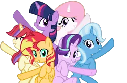 Size: 1332x872 | Tagged: safe, artist:sunsetshimmer1987, derpibooru import, moondancer, princess celestia, starlight glimmer, sunset shimmer, trixie, twilight sparkle, twilight sparkle (alicorn), alicorn, pony, unicorn, alternate mane six, counterparts, female, magical quartet, magical quintet, magical sextet, magical trio, mare, twilight's counterparts