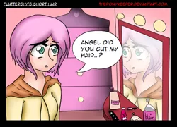 Size: 687x495 | Tagged: artist:theponykeeper, clothes, cute, derpibooru import, dresser, female, fluttershy, haircut, hairspray, hoodie, human, humanized, makeup, mirror, safe, shocked, short hair, shyabetes