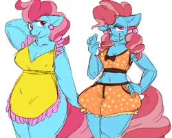 Size: 1000x800 | Tagged: anthro, apron, artist:cottoncloudy, chiffon swirl, chubby, clothes, colored sketch, comparison, cup cake, derpibooru import, ear piercing, earring, female, jewelry, piercing, plump, ponytails, safe, the perfect pear, thick cup cake, time paradox, weight gain, young, younger