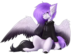 Size: 1801x1351 | Tagged: safe, artist:monogy, derpibooru import, oc, oc:lunar apex pentatonix, unofficial characters only, pegasus, pony, clothes, collar, colored wings, commission, female, hoodie, mare, multicolored wings, simple background, sitting, solo, spiked collar, sweater, transparent background, unshorn fetlocks