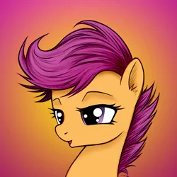 Size: 1200x1200 | Tagged: safe, artist:moonlightclouds, artist:rainbow, derpibooru import, scootaloo, pegasus, pony, bust, colored, ear fluff, female, filly, gradient background, lidded eyes, open mouth, portrait, solo, spiky mane