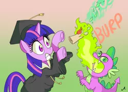 Size: 2800x2000 | Tagged: safe, artist:docwario, derpibooru import, spike, twilight sparkle, dragon, pony, atg 2017, burp, clothes, diploma, female, fire, green fire, hat, mare, newbie artist training grounds