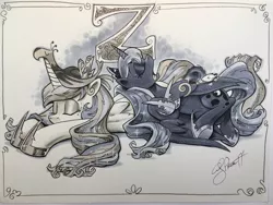 Size: 2048x1536 | Tagged: safe, artist:andypriceart, derpibooru import, philomena, princess celestia, princess luna, tiberius, alicorn, opossum, phoenix, pony, cute, female, grayscale, majestic as fuck, mare, marker drawing, monochrome, pony pile, sisters, sleeping, tongue out, traditional art, z