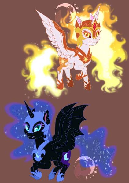 Size: 710x1009 | Tagged: safe, artist:djspark3, derpibooru import, daybreaker, nightmare moon, alicorn, pony, a royal problem, brown background, chibi, duo, fangs, looking at you, simple background, watermark