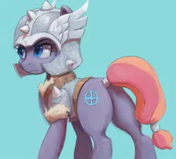 Size: 1036x935 | Tagged: safe, artist:raikoh, derpibooru import, sun cross, earth pony, pony, campfire tales, armor, blue background, female, helmet, mare, mighty helm, plot, serious, serious face, simple background, solo