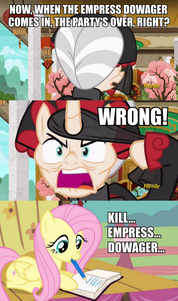 Size: 800x1352 | Tagged: safe, derpibooru import, edit, edited screencap, screencap, fluttershy, sable spirit, pegasus, pony, unicorn, campfire tales, book, clothes, curved horn, empress, female, image macro, mare, meme, mouth hold, mouth writing, pencil, the simpsons, writing
