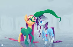 Size: 1920x1242 | Tagged: safe, artist:halem1991, derpibooru import, fluttershy, rarity, pegasus, pony, unicorn, clothes, duo, female, kindness, leaf umbrella, mare, mouth hold, rain, soaked, sweater, wet, wet clothes, wet mane