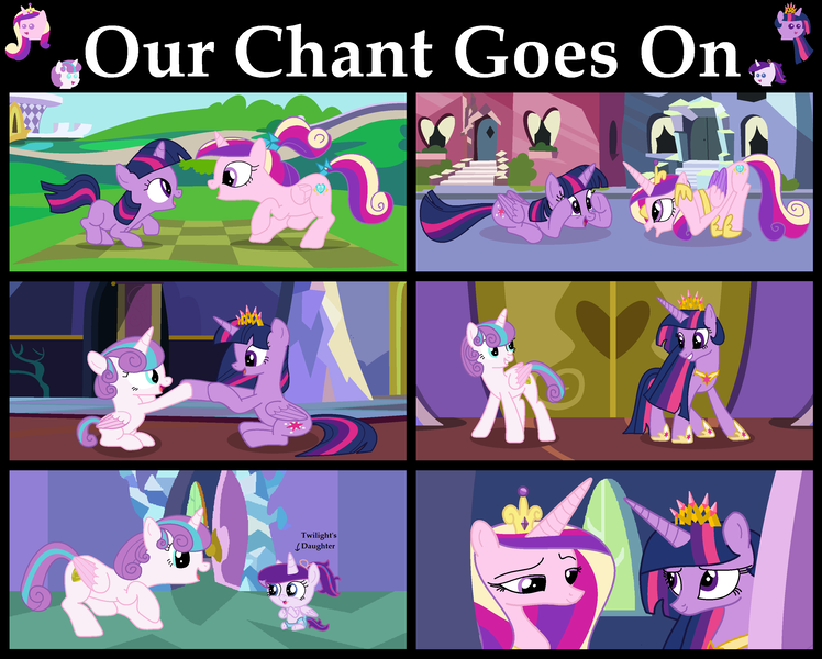 Size: 3412x2736 | Tagged: safe, artist:stunningswan, derpibooru import, princess cadance, princess flurry heart, twilight sparkle, twilight sparkle (alicorn), oc, alicorn, pony, aunt and niece, baby, beautiful, comic, female, filly, filly twilight sparkle, offspring, older, older flurry heart, parent:twilight sparkle, sunshine sunshine, younger