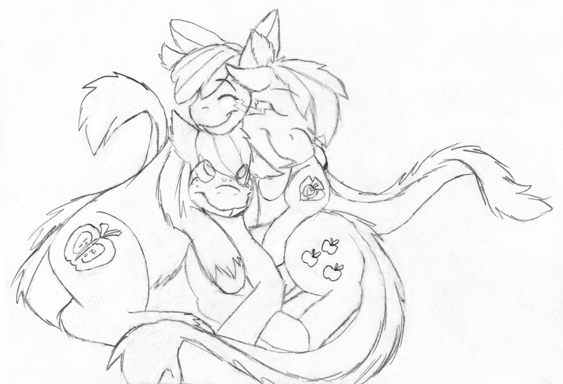 Size: 2957x2019 | Tagged: apple bloom, applejack, artist:wesleyfoxx, big macintosh, cuddle puddle, cuddling, derpibooru import, ear fluff, hug, lying down, monochrome, monster pony, original species, pencil drawing, pony pile, safe, side, sketch, smiling, snuggling, species swap, tatzlbloom, tatzljack, tatzlmac, tatzlpony, traditional art