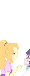 Size: 1372x3402 | Tagged: safe, artist:yuck, derpibooru import, edit, adagio dazzle, sci-twi, twilight sparkle, equestria girls, adagilight, blushing, colored pupils, comic, cropped, female, glasses, lesbian, microphone, science, shipping, singing