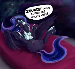 Size: 1802x1675 | Tagged: suggestive, artist:testostepone, derpibooru import, nightmare moon, alicorn, pony, bed, dialogue, fangs, featureless crotch, female, implied crotchboobs, mare, on back, painting, solo, space, spread legs, spreading, underhoof