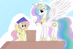 Size: 3496x2362 | Tagged: safe, artist:taurson, derpibooru import, fluttershy, princess celestia, pony, atg 2017, diploma, graduation, graduation cap, newbie artist training grounds, spread wings, wings